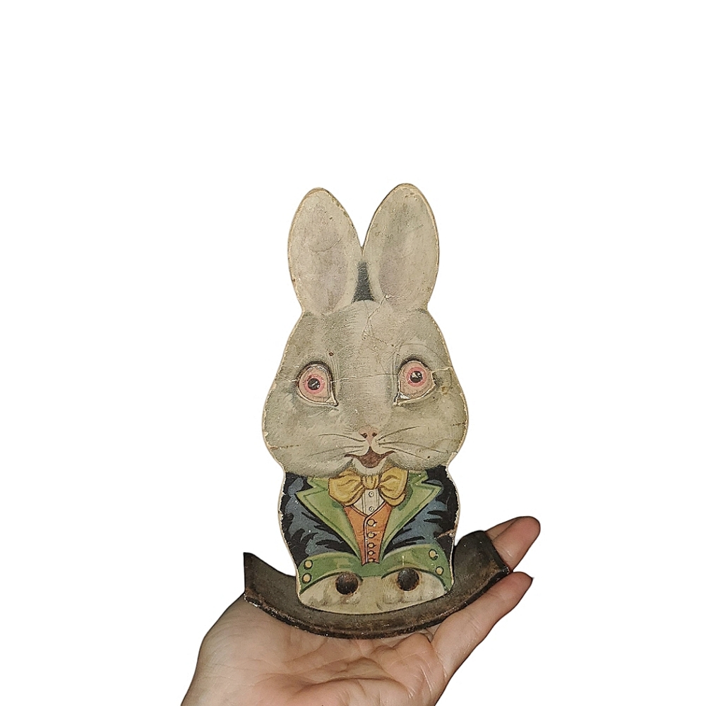 Rare Antique Marks Brothers Rocking Cardboard Bunny With Metal Base